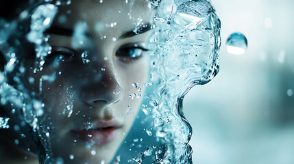 Futuristic Glass and Water Molecular Designs: A Conceptual Exploration of Advanced Skincare and Cosmetic Innovation, Blending Organic Patterns, Bioluminescence, and Minimalist 3D Aesthetics