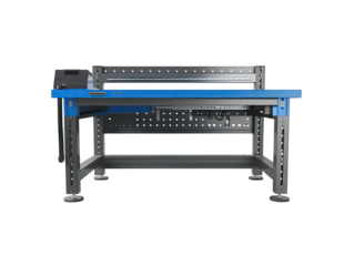 Industrial worktable with integrated cutting/processing equipment.  