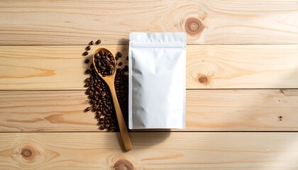 White blank pouch mockup for coffee packaging with roasted beans in a heart shape and a spoon on a wooden background.