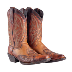 Stylish cowboy boots in rich brown leather displayed against a neutral background, showcasing detailed stitching and traditional design elements