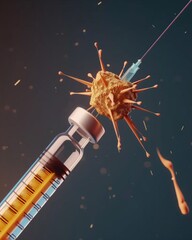 Naklejka premium A stylized syringe injects into a spiked virus, symbolizing the battle between medicine and disease in dynamic detail.