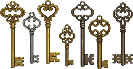 Collection of various ornate vintage keys rendered in different metallic colors