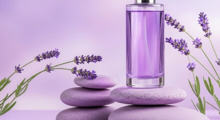Scented body mist bottle with lavender and smooth stones on purple background image