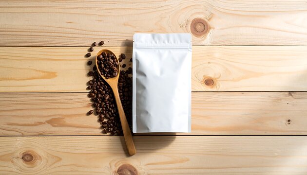 White blank pouch mockup for coffee packaging with roasted beans in a heart shape and a spoon on a wooden background. - Powered by Adobe
