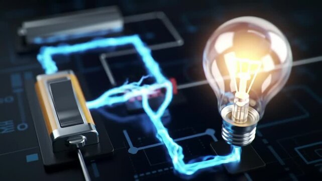 "Diagram of an electrical circuit with battery, switch, and bulb, live animation showing current flow"