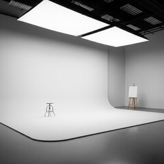 Empty Professional Photography Studio with White Background and Lighting