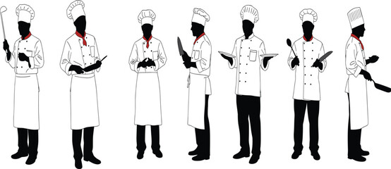 Silhouette of professional chefs with red neckerchiefs, holding cooking utensils, kitchen tools, knives, spoons, plates, culinary art, restaurant staff illustration