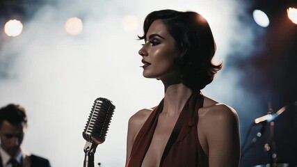 Elegant female singer performing on stage with a vintage microphone in spotlight - Powered by Adobe