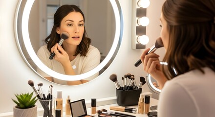 Woman applying makeup in front of a lighted mirror with cosmetic products on the counter space