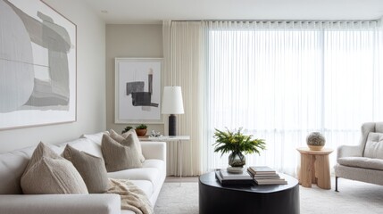 Fototapeta premium Scandinavian-inspired living space with neutral tones and abstract art, radiating modern comfort. 