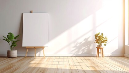 Empty room with a blank canvas on a wooden easel in sunlight. Minimalist interior with potted plants and wood floor for mockup.