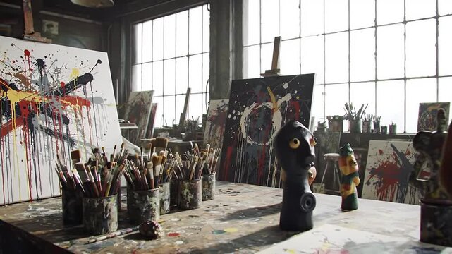 Bold Maximalist Art Studio with Splatter Paint Canvases and Brushes