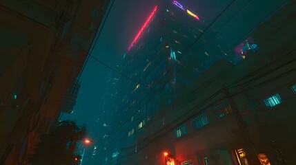 Obraz premium Neon-lit city street at night, looking up at a tall building.