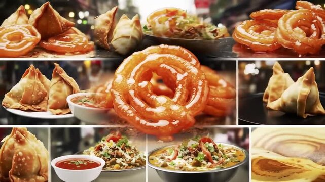 "Fast-paced montage of popular street foods &mdash; samosa, jalebi, chaat, dosa &mdash; with quick transitions and upbeat music vibe"