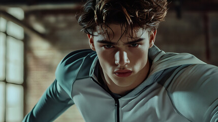 Close-up of a young man in athletic wear.