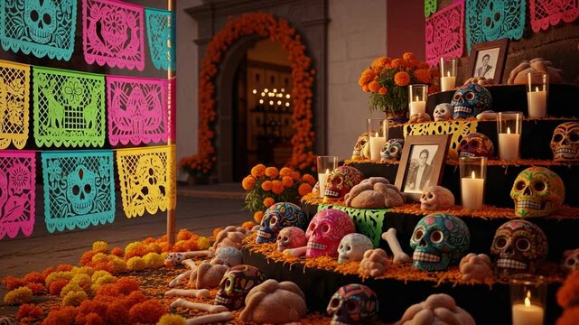 Colorful Dia de los Muertos ofrenda with sugar skulls and marigolds. Traditional Mexican Day of the Dead altar with candles, bread, and papel picado.