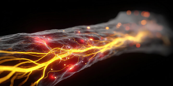 Dynamic illustration of torn hamstring with bright red injury highlights and glowing yellow nerve pathways, set against dark background, conveying sense of pain and tension