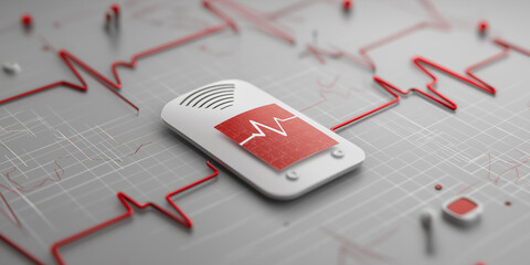 Wireless blood glucose sensor is displayed on digital interface with red heart rate lines, symbolizing health monitoring technology. sleek design emphasizes modern healthcare innovation