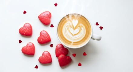 Photo of cup of latte art with red heart shaped cookies isolated on white background