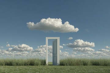 Open white door in field, clouds overhead