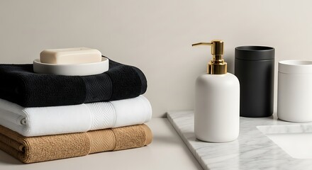 Naklejka premium Photo of stack of towels with soap and dispenser on a bathroom countertop