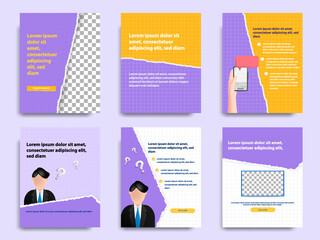 Purple yellow social media tutorial, tips, trick, did you know post banner layout template set with torn paper design element