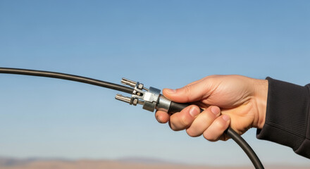 Technician holds and connects coaxial cable under clear sky, preparing for efficient outdoor data or television signal transmission installation