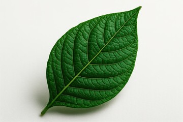 Single emerald green cocoa leaf with intricate vein patterns floating on pure white minimalist background