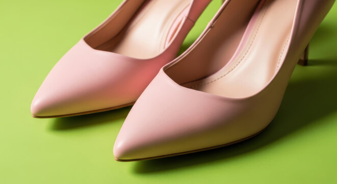 Elegant pastel pink high heel shoes with pointed toes on vibrant green background, stylish fashion concept for modern women's footwear trends, minimal design aesthetics