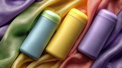 Three pastel-colored bottles rest on a vibrant silk fabric