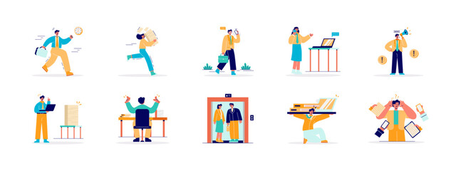 Busy people illustrations set. Flat vector illustrations concept.