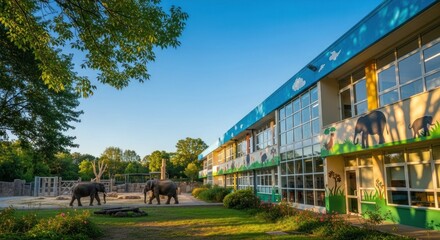 Obraz premium Elephants Walking in Zoo Enclosure with Colorful Building Backdrop, Lush Greenery and Blue Sky, Captivating Wildlife Scene