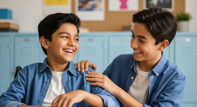 Joyful teenage brothers bonding together in school hallway, laughing and supporting each other in friendly conversation near blue lockers during break time - Powered by Adobe