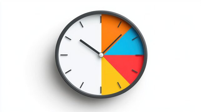 Colorful clock face divided into sections, displaying time, simple design, abstract, potentially for educational or infographic use
