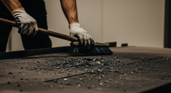 Person in protective gloves sweeping up shattered glass pieces from dark industrial workshop floor, careful debris removal for safety and cleanliness