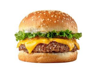 Juicy cheeseburger with lettuce and sesame seed bun beef, Isolated, Png Transparent Background