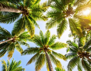 Obraz premium Tropical Palm bottom view as Nature pattern, Coconut Palm trees view from below with