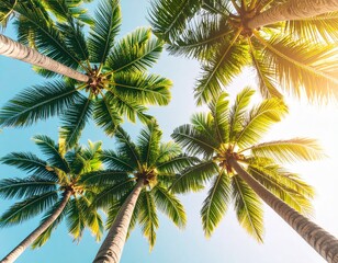 Tropical Palm bottom view as Nature pattern, Coconut Palm trees view from below with