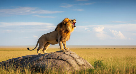 The majestic roar of a powerful male lion standing on a rock, asserting dominance over the vast African savannah at sunrise.