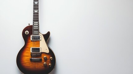 A sleek electric guitar with a modern design, space on the right for text, set against a white backdrop