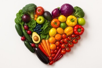 Vibrant rainbow of fresh organic vegetables and fruits arranged in perfect heart formation on pristine white surface