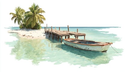 Obraz premium A tranquil tropical beach with a boat moored to a wooden dock, isolated on a white background