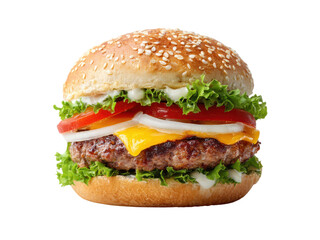 Juicy beef burger with melted cheese lettuce tomato and onion on a sesame seed bun image, Isolated, Png Transparent Background