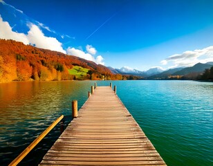 Beautiful pier on Lake of Gruyère, Switzerland with amazing orange and teal colors 