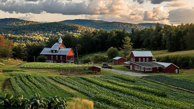 Rustic farm landscape with red barns and cultivated fields under a cloudy sky