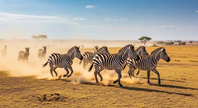 A magnificent herd of wild zebras galloping across the dusty savanna, kicking up clouds of dust in the African wilderness