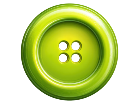 Shiny lime green circular sewing fastener with four dark holes button, Isolated, Png Transparent Background