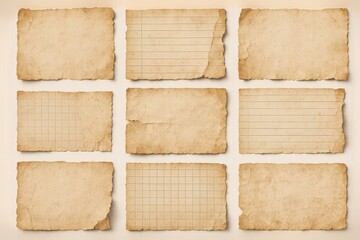 Vintage torn paper collection with diverse textures including notebook pages and decorative patterns