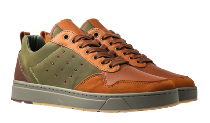 Two  laced sneakers, tan and olive green.  Stitched overlays.  Durable sole
