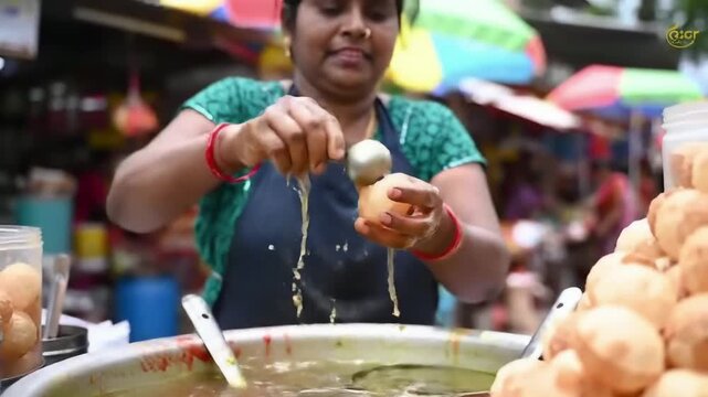 "Street vendor preparing pani puri, water splashing as puris are filled, slow-motion, vivid colors, high-definition